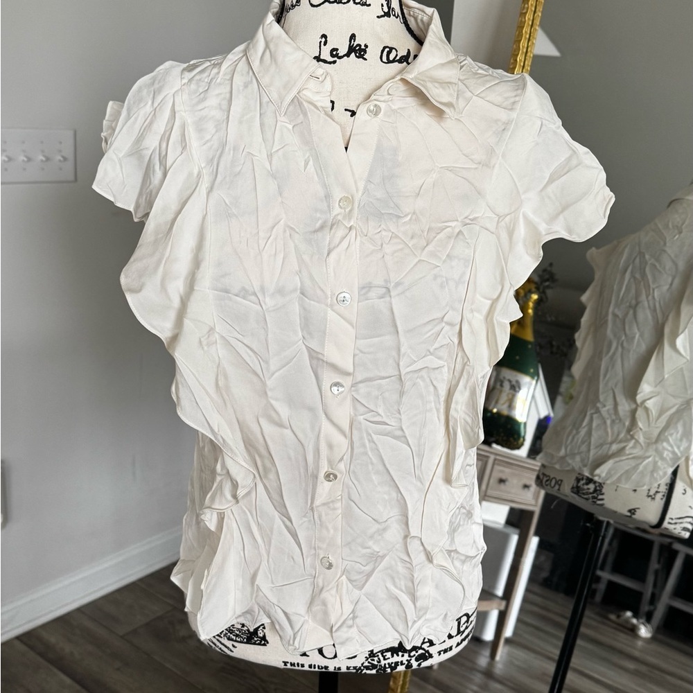 Theory Ivory Silk Collared
Button-Down Ruffle Top... Elegant Women's Top